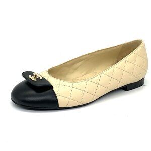 CHANEL 24B Turnlock CC Quilted Leather Cap Toe Ballerina Ballet Flat Shoes Beige